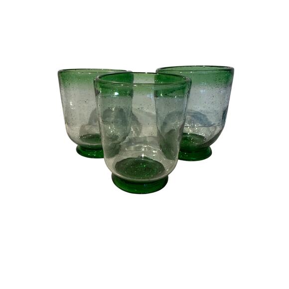 Hand Blown Mexican Glass Green Rim & Base Irregular Drinking Glasses set of 3 - Picture 1 of 9